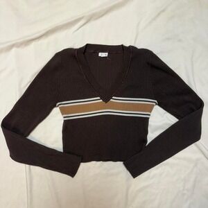 Garage Rachel Cropped V-Neck Striped Fall Fitted Sweater